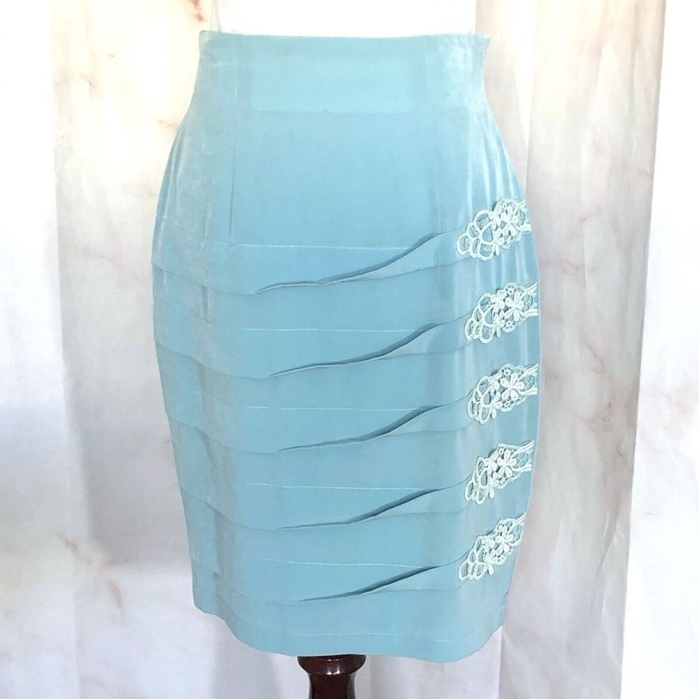 Thee Luster Blue Silk Skirt Crochet Applique